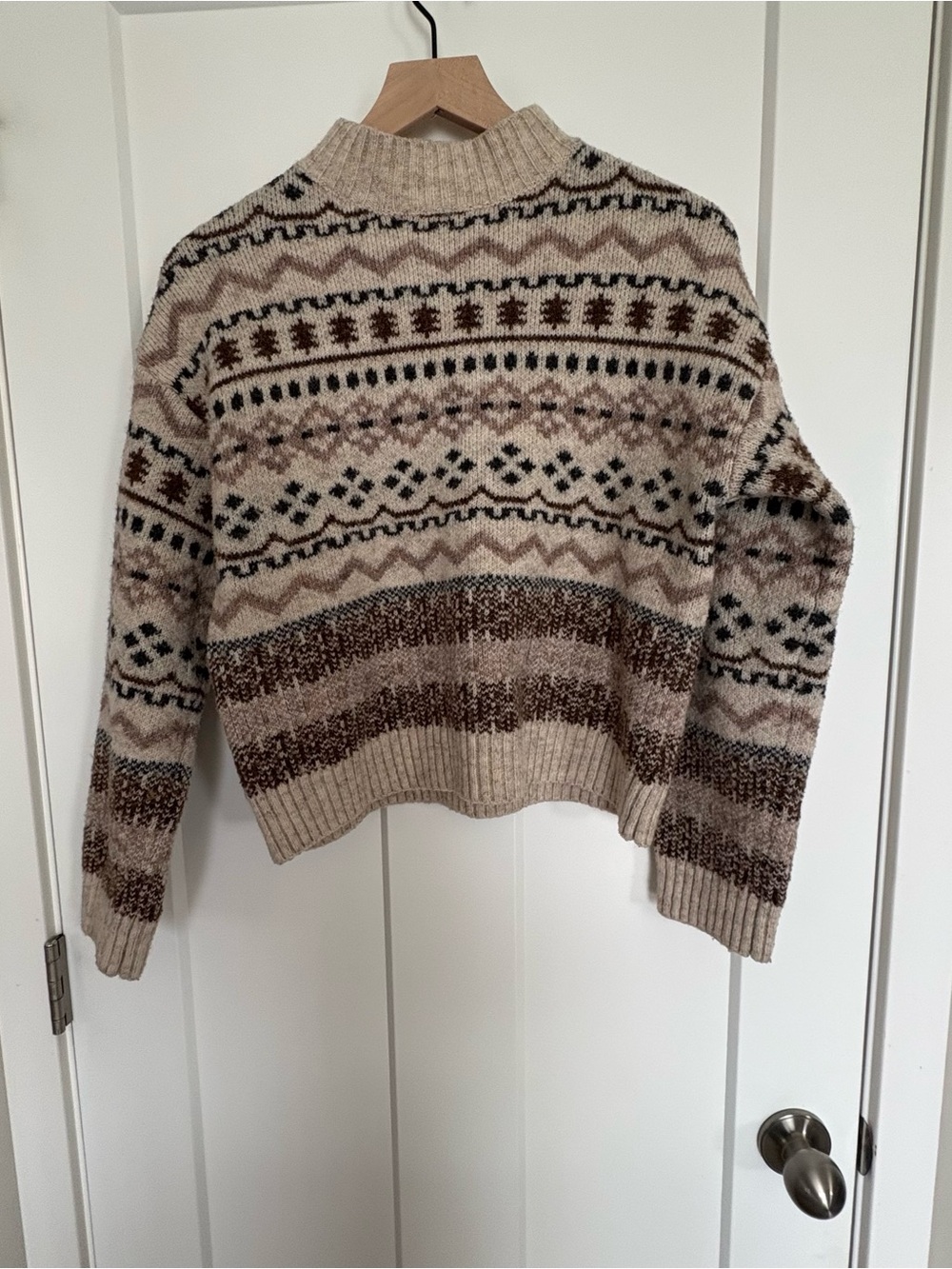 Gilli Cream and Brown Fair Isle Mock Neck Sweater
